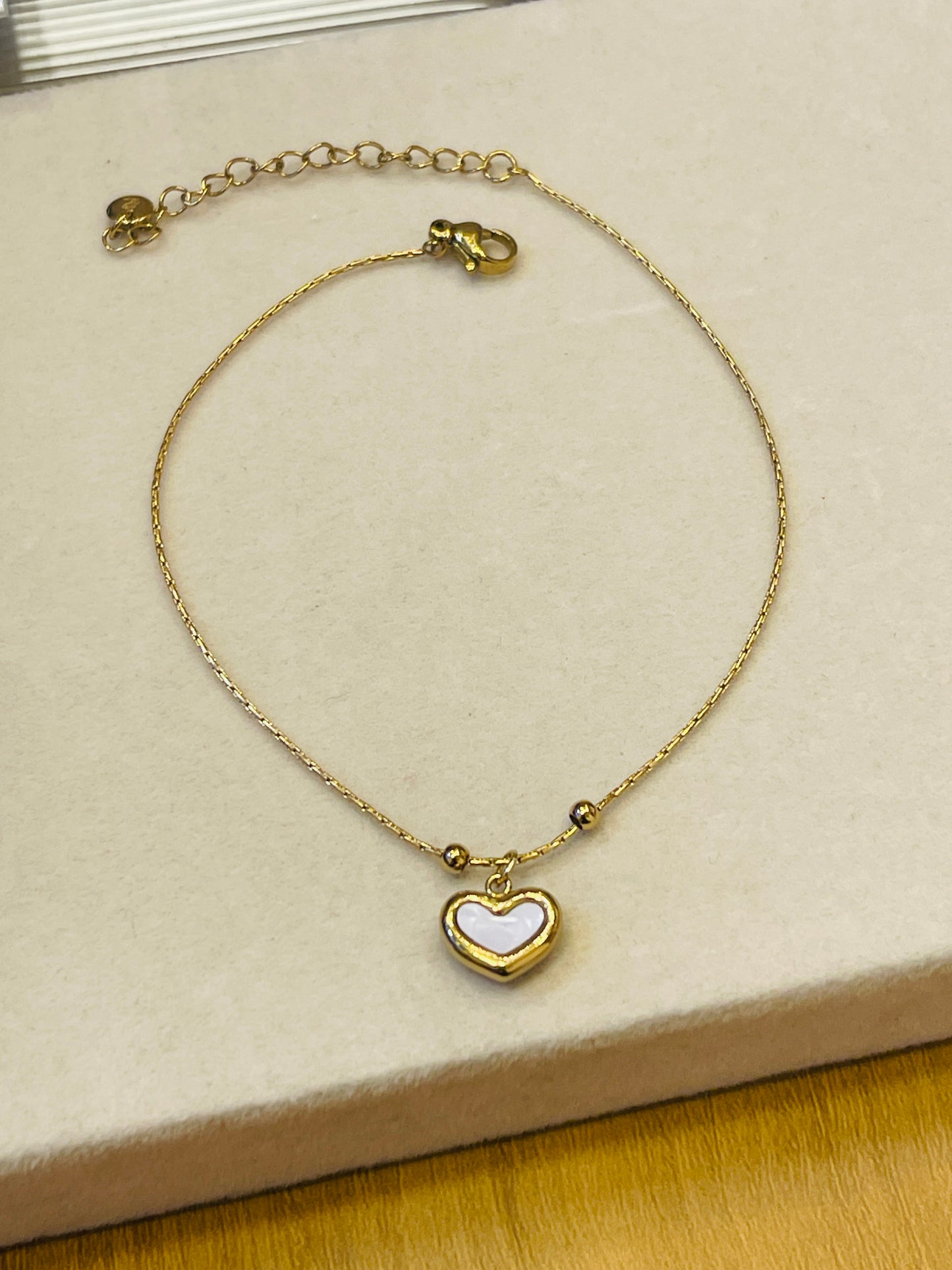 White Heart Charm Gold Anklet