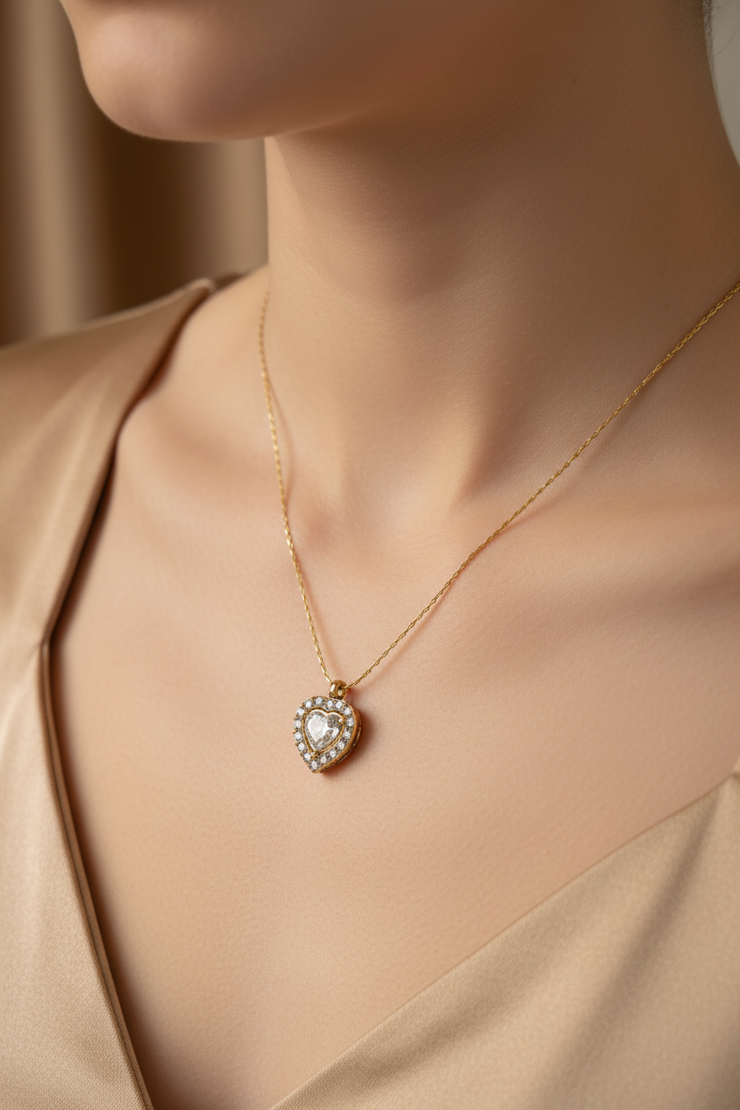Heart Crystal Pendant Necklace – 304L Stainless Steel, Anti-Tarnish Gold Plated