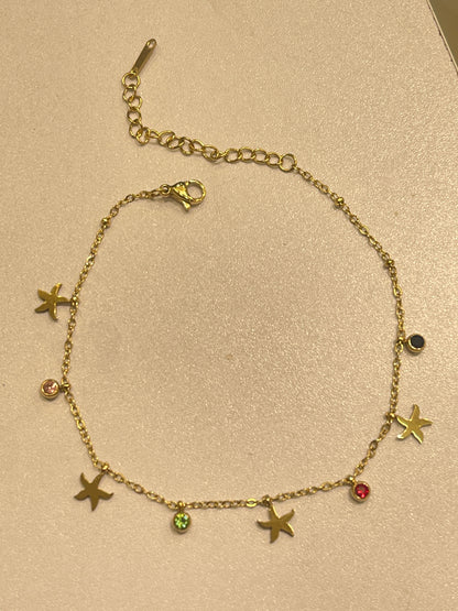 Gold Starfish Charm Anklet with Multicolour Crystals