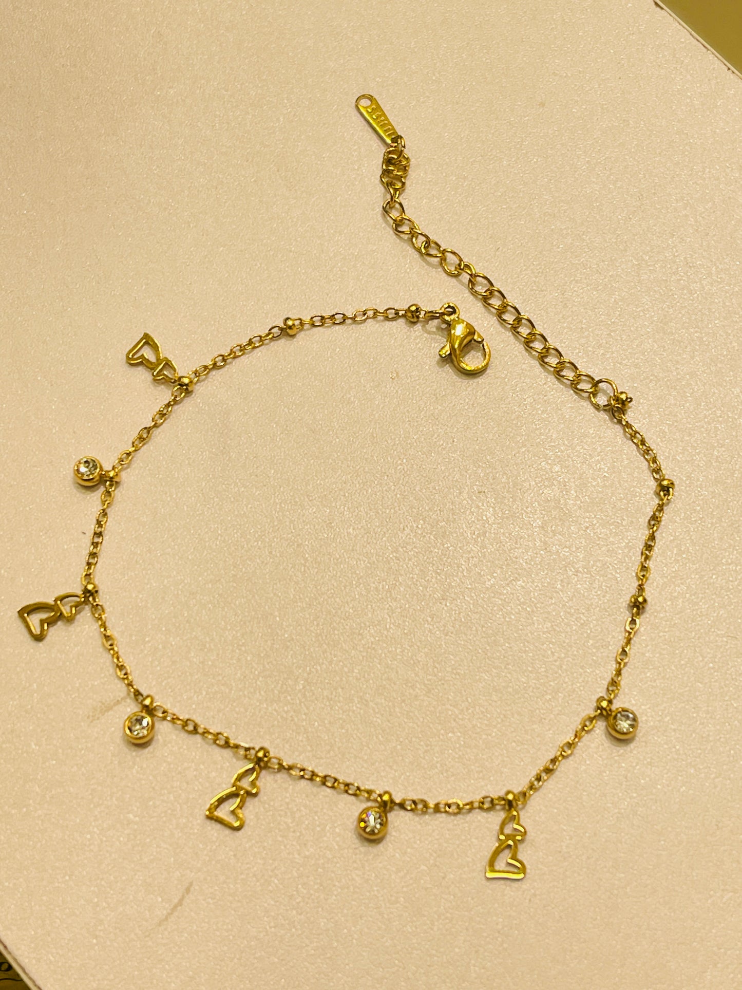 Gold Heart Charm Anklet with Crystal Drops