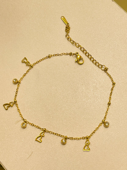 Gold Heart Charm Anklet with Crystal Drops