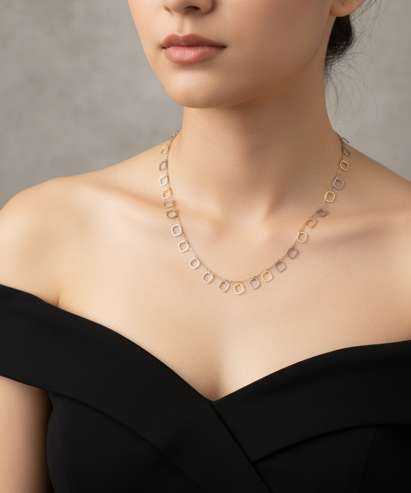 Dual Tone Square Charm Chain Necklace