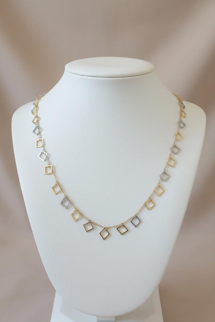 Dual Tone Square Charm Chain Necklace