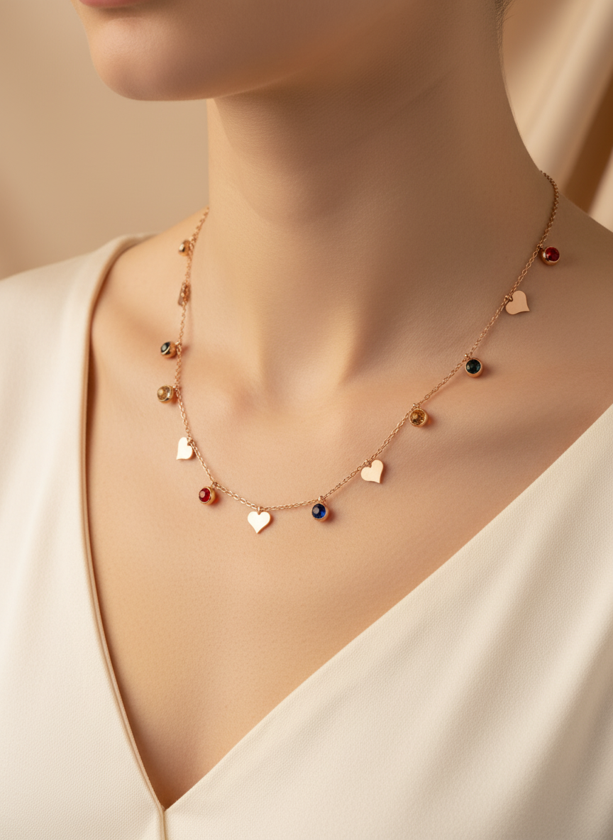 Rose gold Necklace with heart and round pendants on a mannequin with a beige background