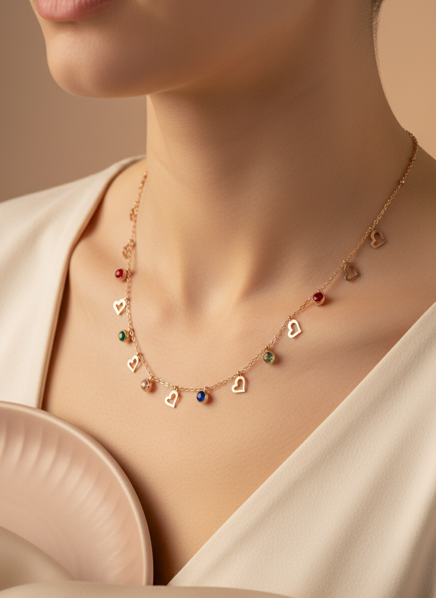 Necklace with heart-shaped charms on a mannequin bust with a ring beside it.