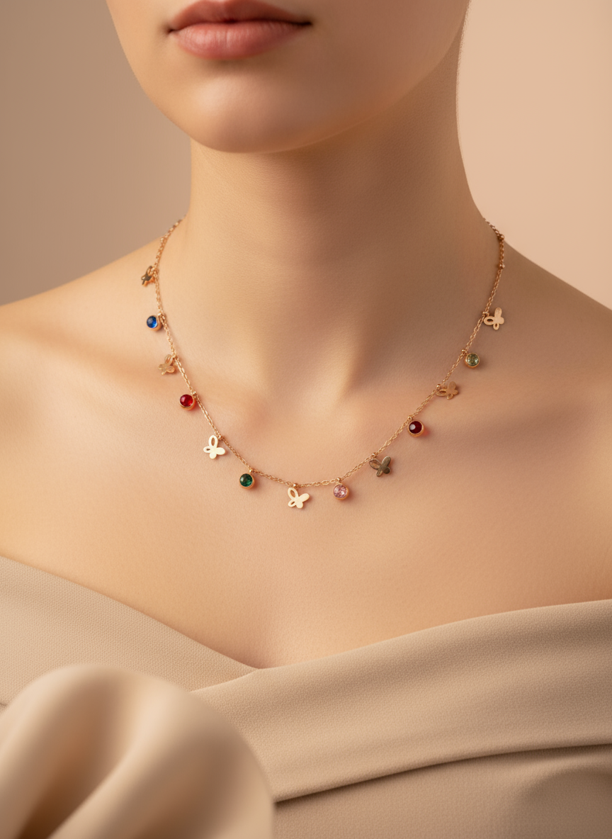 Rose Gold Multi-Color Butterfly Choker Necklace