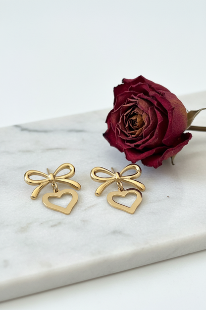 Gold Plated Bow & Heart Drop Earrings