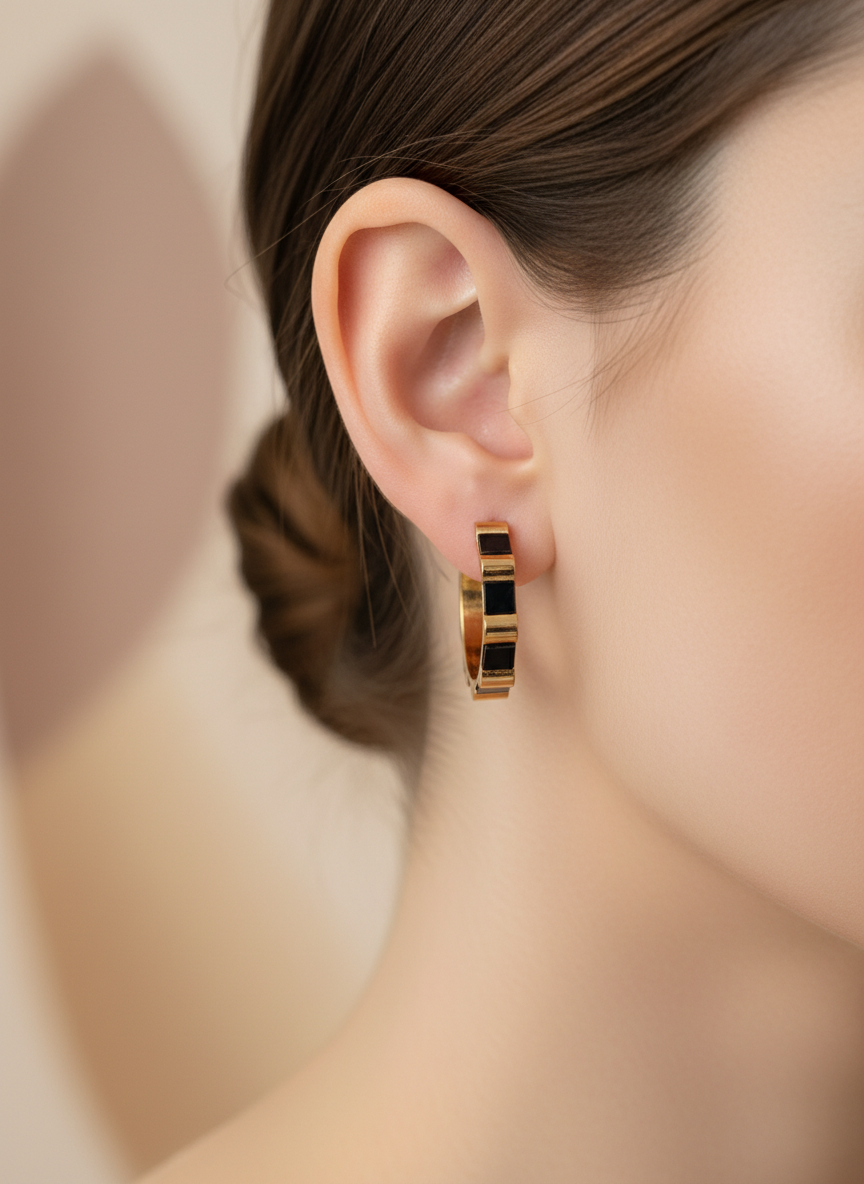 Rose Gold Geometric Black Accent Hoop Earing
