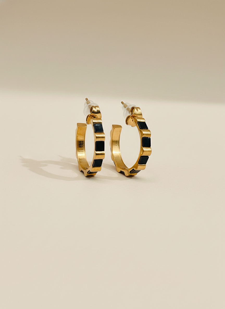 Rose Gold Geometric Black Accent Hoop Earing