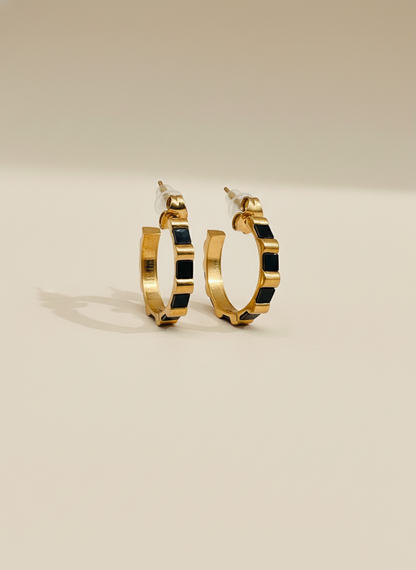 Rose Gold Geometric Black Accent Hoop Earing