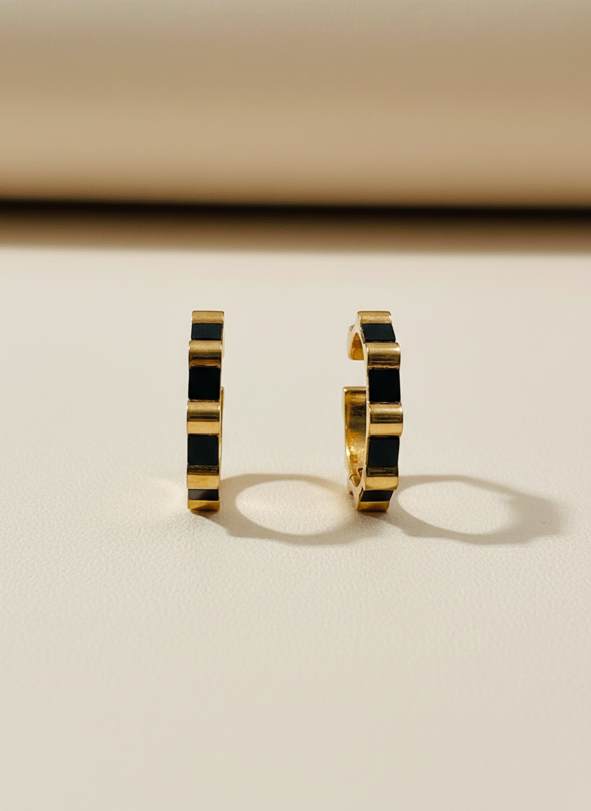 Rose Gold Geometric Black Accent Hoop Earing