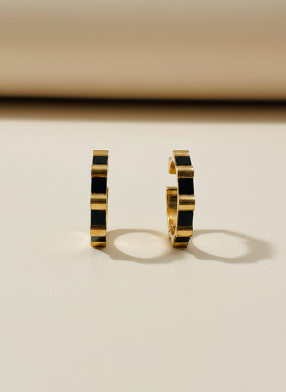 Rose Gold Geometric Black Accent Hoop Earing