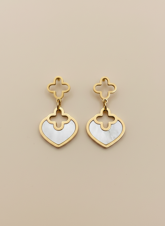 Rose Gold Clover & Mother of Pearl Heart Drop Earrings