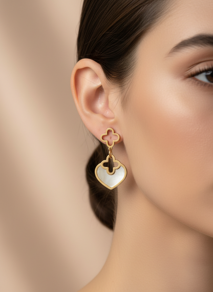 Rose Gold Clover & Mother of Pearl Heart Drop Earrings