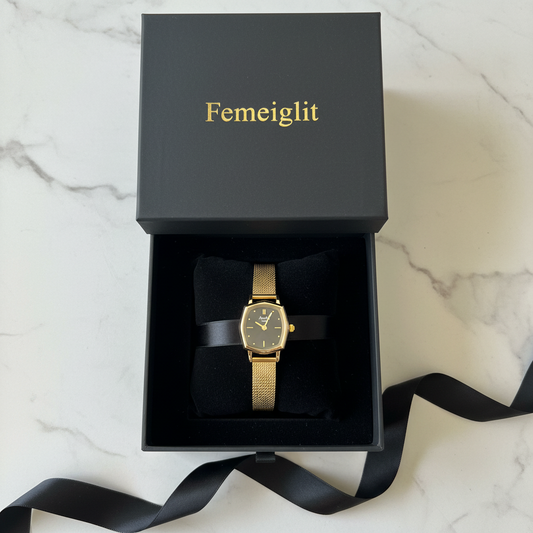Annie Time Square-Dial Gold Mesh Watch