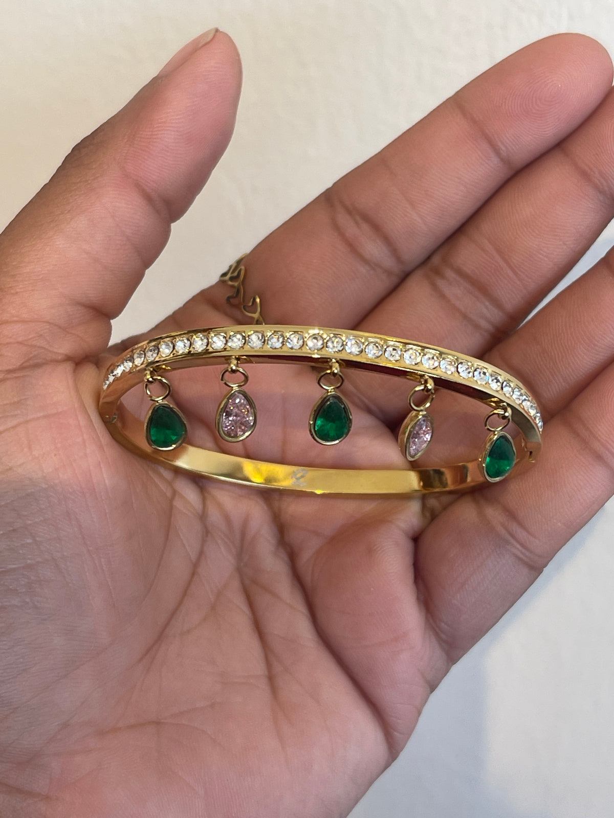 Emerald & Blush Teardrop Charm Bangle