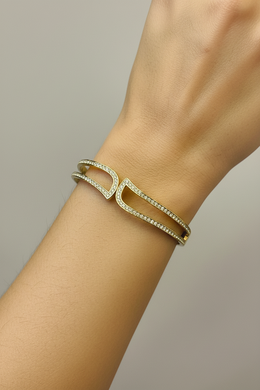Gold Double Row Crystal Cuff Bangle