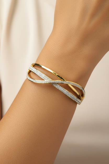 Gold Crystal Infinity Crossover Bangle