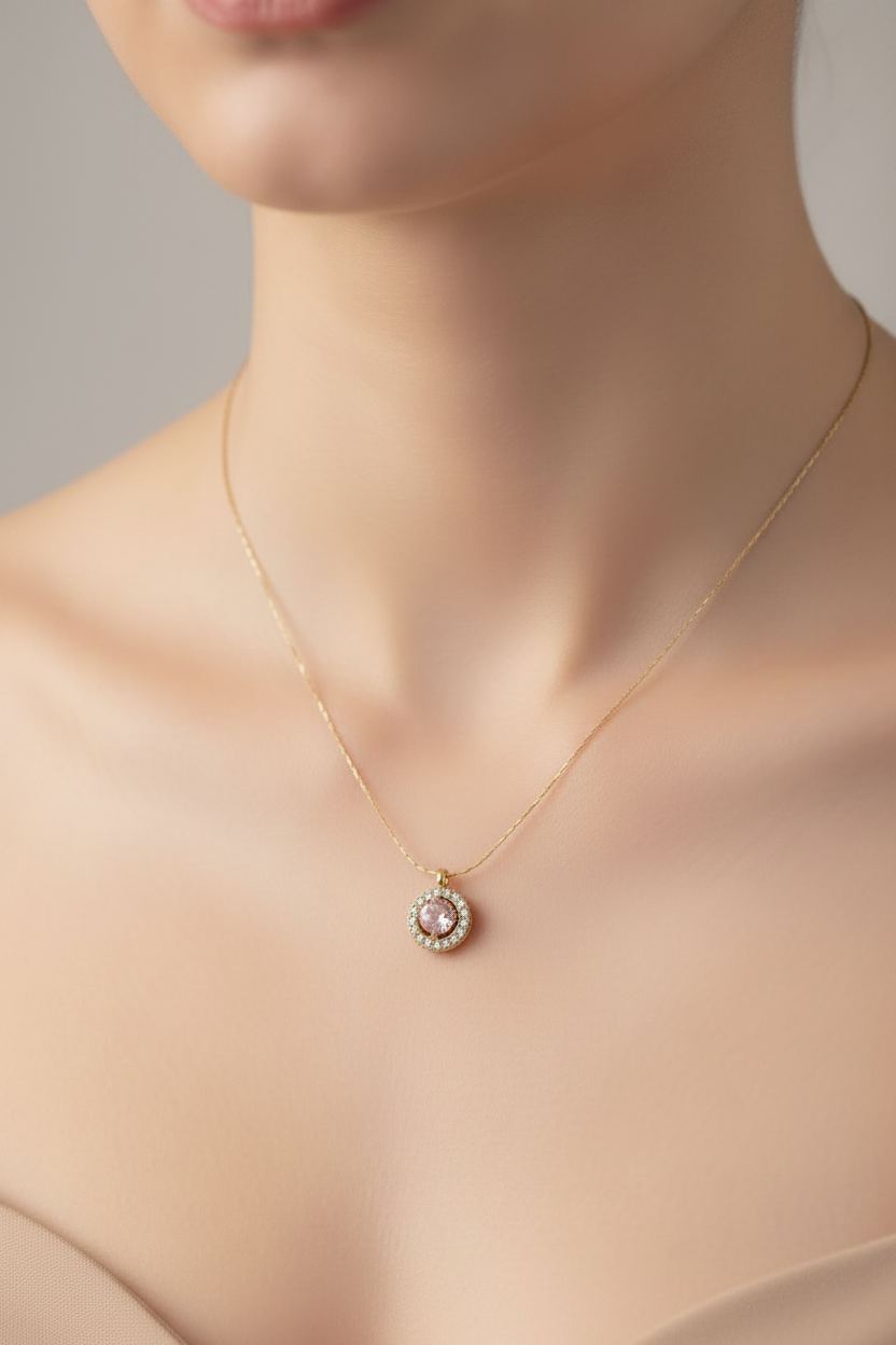 Pink Crystal Halo Pendant Necklace