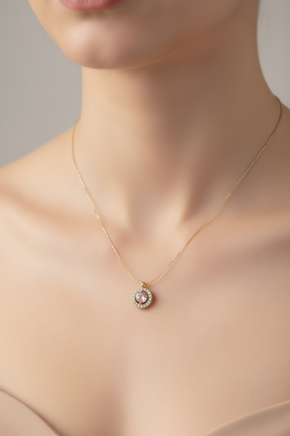 Pink Crystal Halo Pendant Necklace