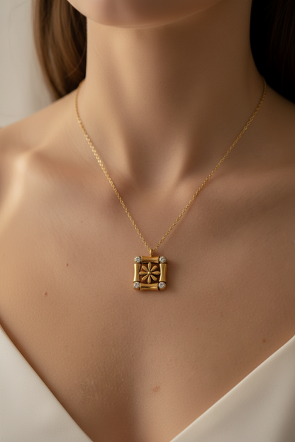 Gold Daisy Square Pendant Necklace