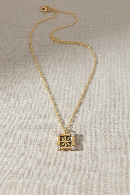 Gold Daisy Square Pendant Necklace
