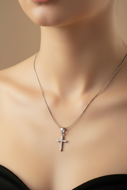 Silver Crystal Cross Pendant Necklace