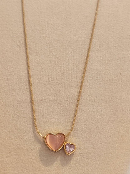 Double Heart Pink Stone Necklace