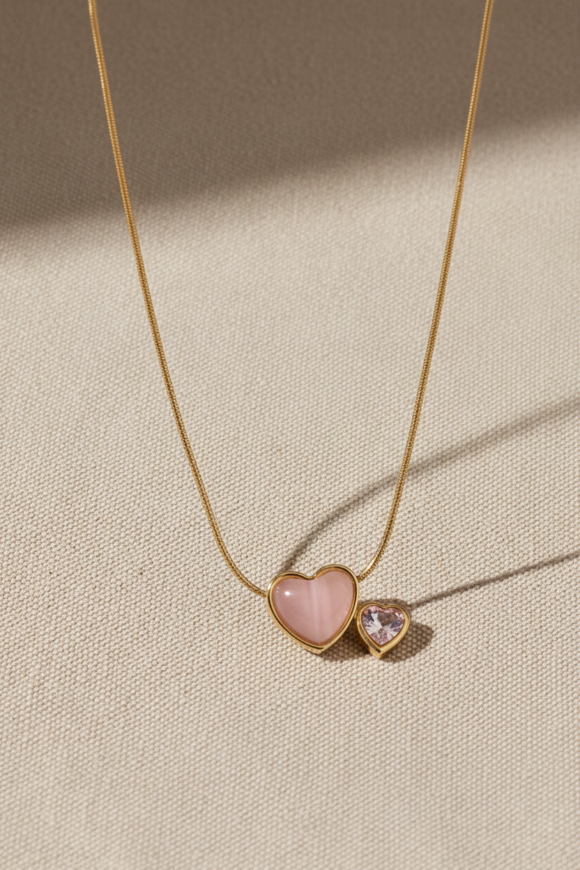 Double Heart Pink Stone Necklace
