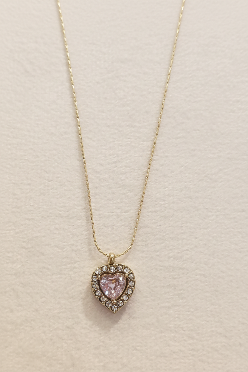 Pink Heart Crystal Necklace on white background