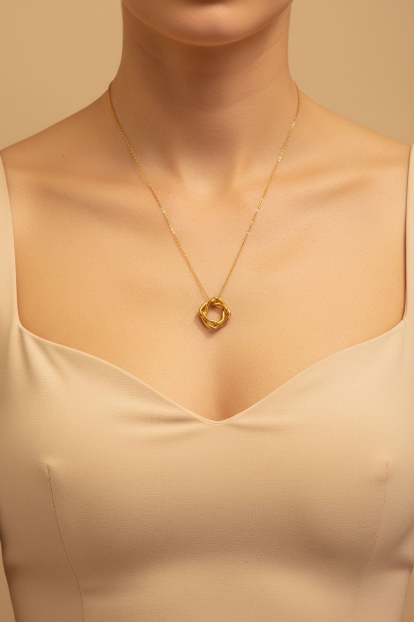 Gold Knot Circle Pendant Cable  Necklace