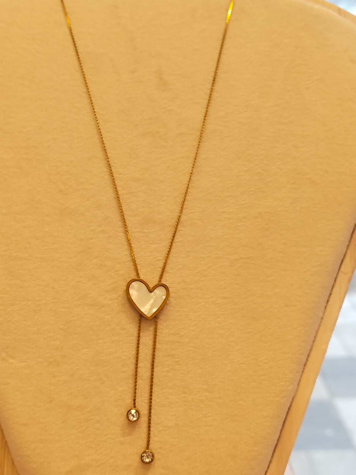 Gold Heart Lariat Necklace with Crystal Drops