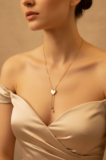 Gold Heart Lariat Necklace with Crystal Drops
