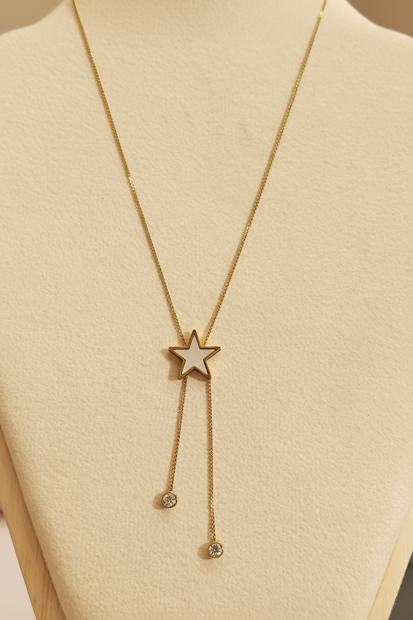 Gold Star Pearl Lariat Necklace with Crystal Drops