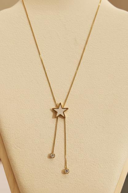 Gold Star Pearl Lariat Necklace with Crystal Drops
