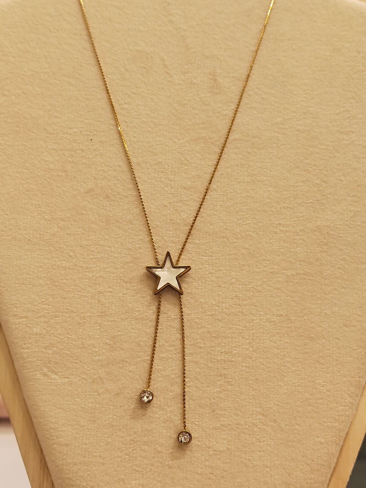 Gold Star Pearl Lariat Necklace with Crystal Drops