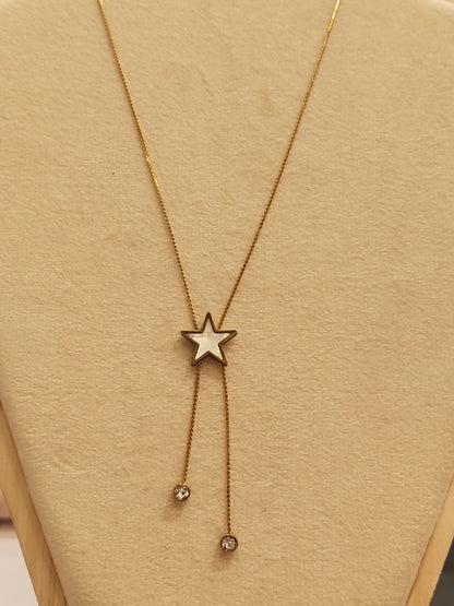 Gold Star Pearl Lariat Necklace with Crystal Drops