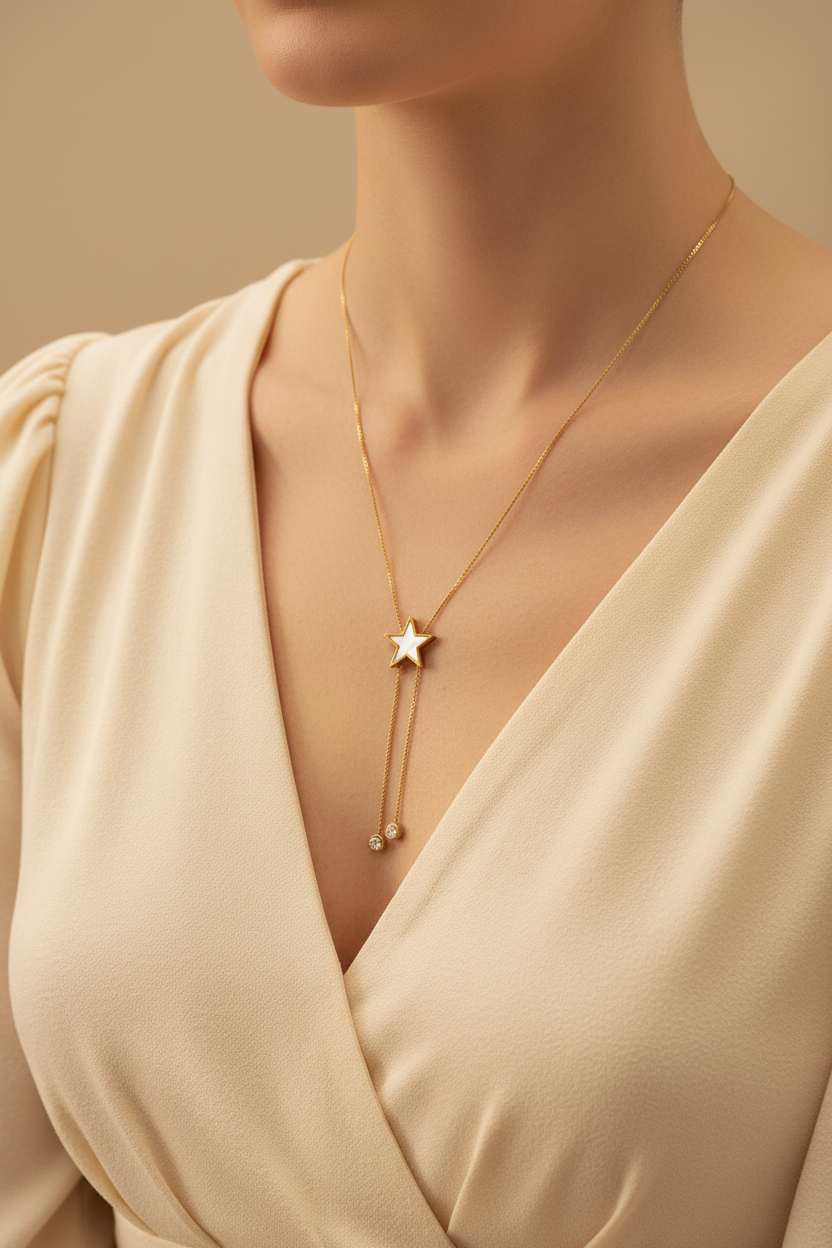 Gold Star Pearl Lariat Necklace with Crystal Drops