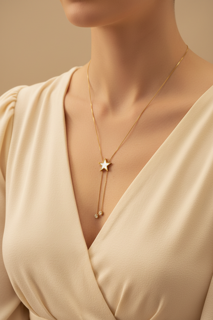 Gold Star Pearl Lariat Necklace with Crystal Drops