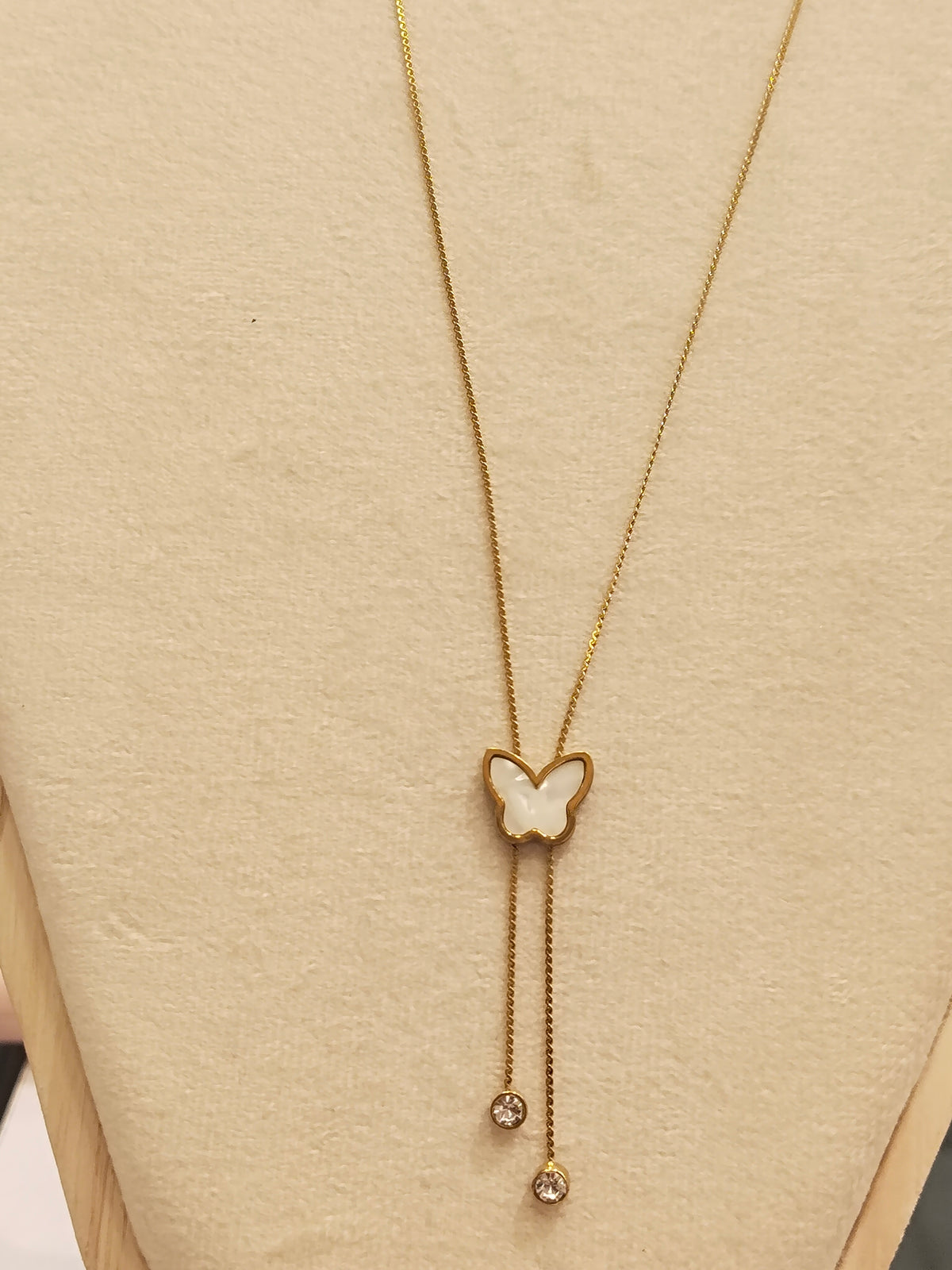 Gold Butterfly Pearl Lariat Necklace with Crystal Drops