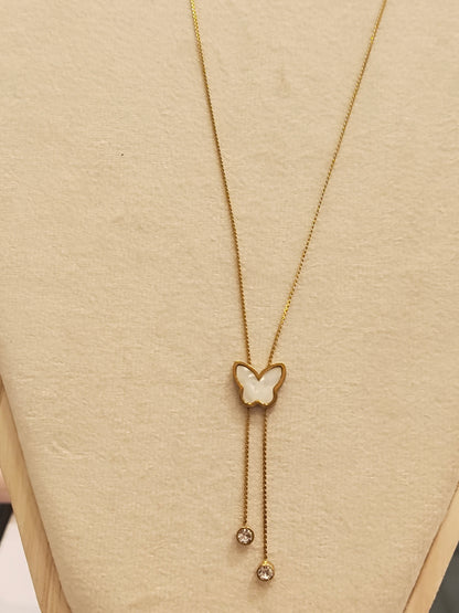 Gold Butterfly Pearl Lariat Necklace with Crystal Drops
