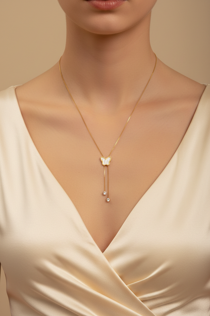 Gold Butterfly Pearl Lariat Necklace with Crystal Drops