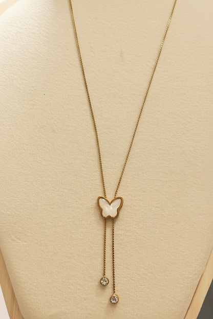 Gold Butterfly Pearl Lariat Necklace with Crystal Drops