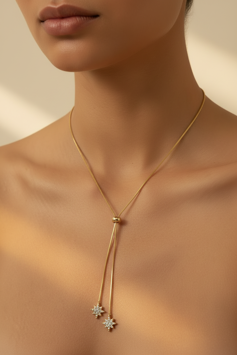 Gold Star Crystal Bolo Lariat Necklace