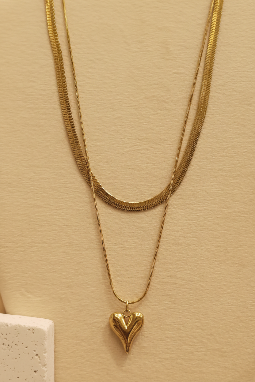Gold Double Layer Puffy Heart Pendant Necklace
