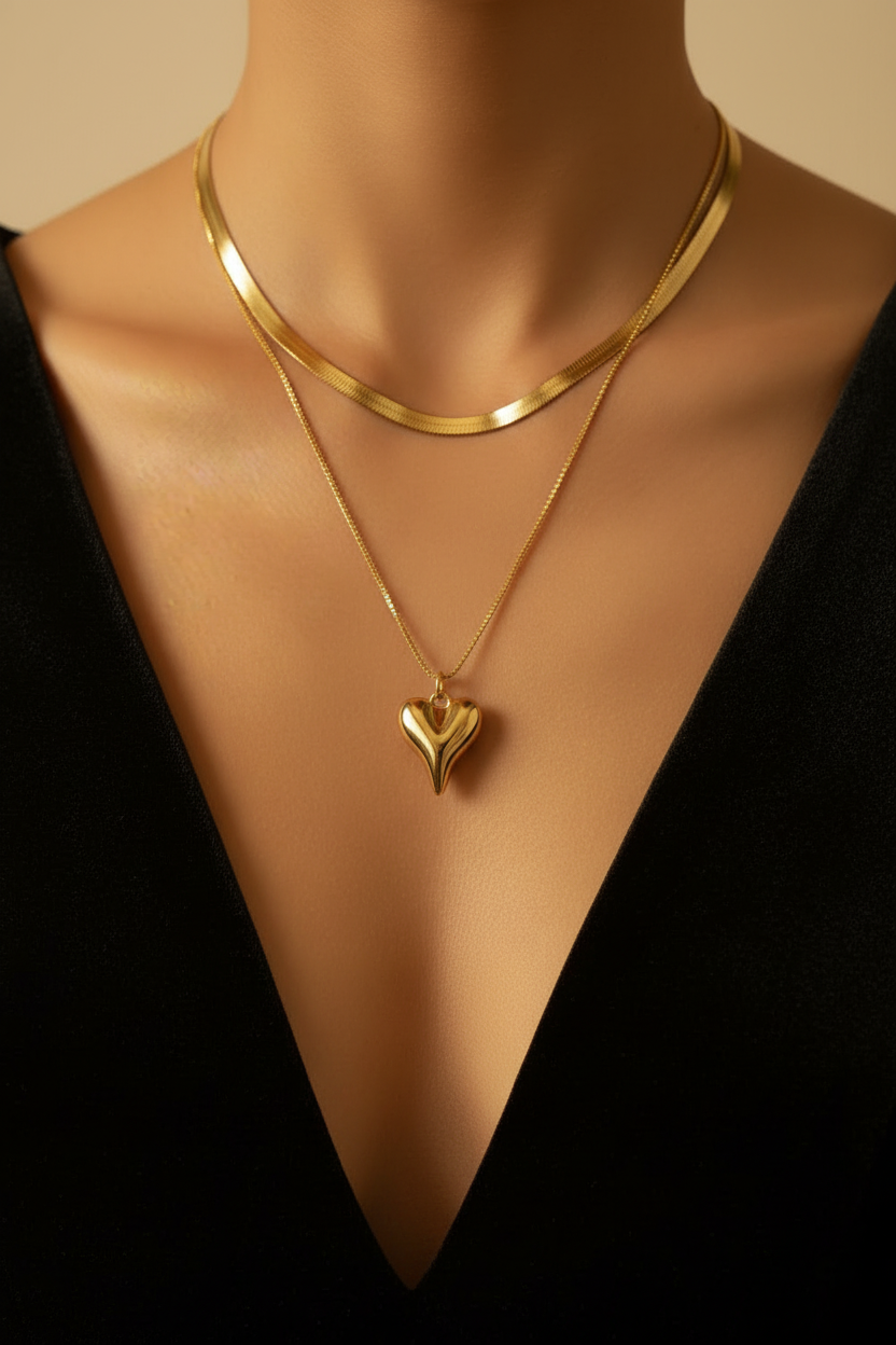 Gold Double Layer Puffy Heart Pendant Necklace