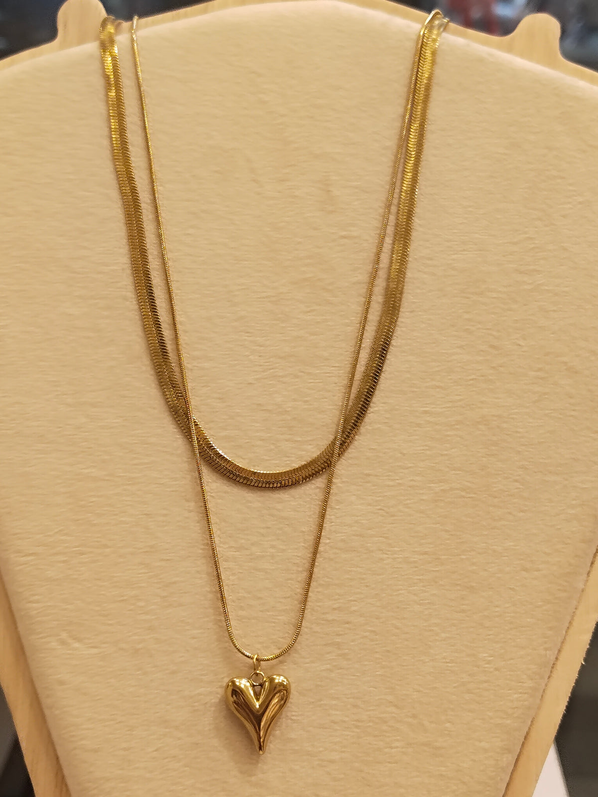 Gold Double Layer Puffy Heart Pendant Necklace