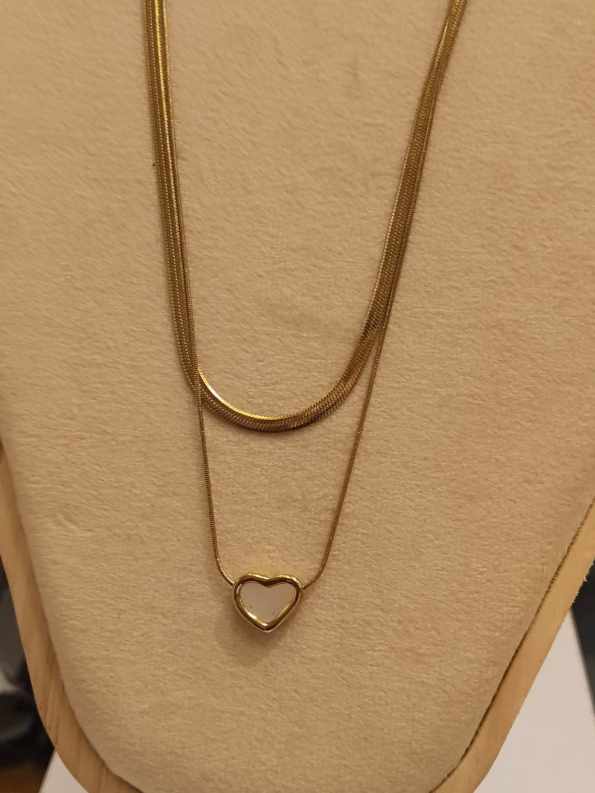 Gold Double Layer Pearl Heart Slider Necklace