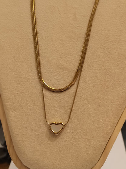 Gold Double Layer Pearl Heart Slider Necklace