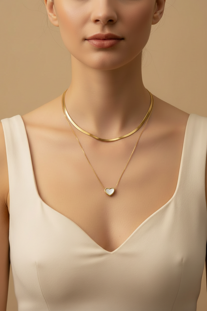 Gold Double Layer Pearl Heart Slider Necklace